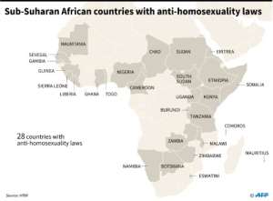 Map showing the 28 countries in sub-Saharan Africa which have anti-homosexuality laws, according to a Human Rights Watch tally. It includes Botswana, whose High Court has called for the penal code to be modified.  By  (AFP)