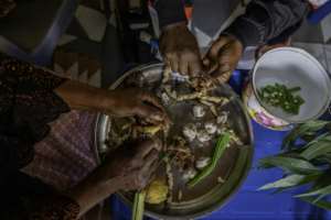 Mariam Kabika (L) and her husband Dauda Tshimanga (R) preparing plants they believe can cure Ebola.  By Glody MURHABAZI (AFP)