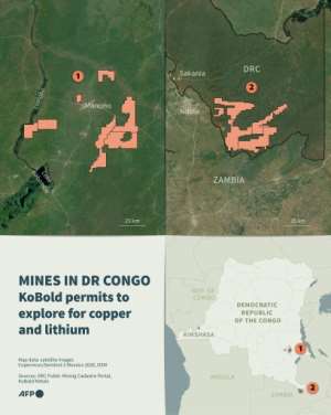 Infographic with a map and satellite images showing the Democratic Republic of the Congo and the mineral exploration permits held by the American company KoBold Metals.  By Sabrina BLANCHARD, Olivia BUGAULT (AFP)