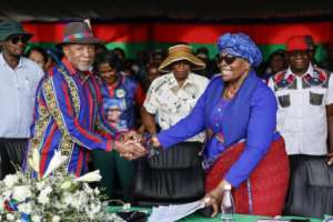 Netumbo Nandi-Ndaitwah (R) takes over from Nangolo Mbumba (L) as president of Namibia.  By SIMON MAINA (AFP)