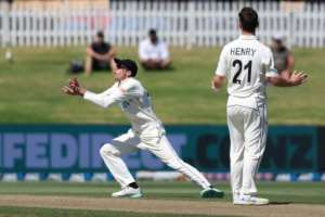 New Zealands Mitchell Santner takes a catch to dismiss South Africas David Bedingham.  By MICHAEL BRADLEY (AFP)