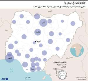 Map of Nigeria showing registered voters by state, ahead of presidential and general elections on February 25.  By Jonathan WALTER (AFP)
