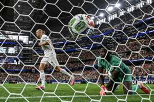 Norways Erling Braut reacts after scoring the goal that sends his team into the last 16 against Brazil.  By Paul ELLIS (AFP)