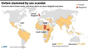 Map locating countries where the British charity Oxfam works, and four where Oxfam staff have been accused of sexual abuse.