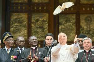 Pope Leo XIV (3rd R) brought a message of peace to a conflict zone in Cameroons separatist northwestern region.  By Alberto PIZZOLI (AFP)