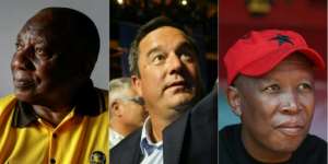 President Ramaphosa (L) needs to negotiate with rivals like the DAs John Steenhuisen (C) and the EEFs Julius Malema.  By OLYMPIA DE MAISMONT, Phill Magakoe (AFP/File)