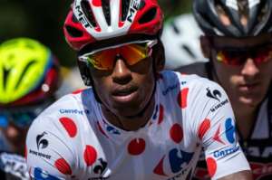 Reigning in the mountains: Daniel Teklehaimanot in the Tour de France polka dot jersey in 2015.  By ERIC FEFERBERG (AFP/File)