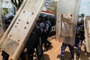 Riot police were out in force across Kampala.  By BADRU KATUMBA (AFP)