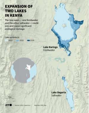 Satellite imagery shows the surface area of the lakes have expanded.  By Pauline PAILLASSA, Jean-Michel CORNU, Sabrina BLANCHARD (AFP)