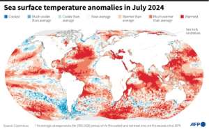 Sea surface temperature anomalies in July 2024.  By Nalini LEPETIT-CHELLA, Maud ZABA (AFP)