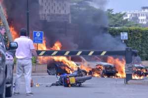 Several cars burned after the blast. The attack has been claimed by Somalias Al-Shabaab jihadist group.  By SIMON MAINA (AFP)
