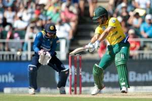 South Africa batsman Farhaan Behardien plays a shot during the second T20 match against Sri Lanka on January 22, 2017 at Wanderers Cricket Ground in Johannesburg