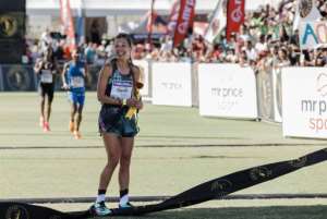 South African Gerda Steyn reacts after winning the Comrades ultramarathon womens race..  By RAJESH JANTILAL (AFP)