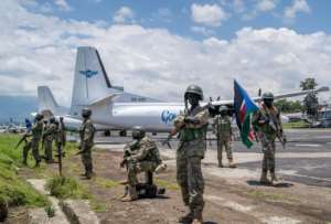 South Sudanese soldiers land in Goma to join a regional military force deployed to stablise the east of DR Congo.  By Glody MURHABAZI (AFP/File)