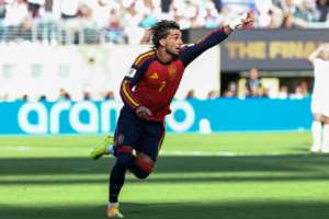 Spain forward Ferran Torres celebrates his goal against Argentina in the World Cup final.  By FRANCK FIFE (AFP)