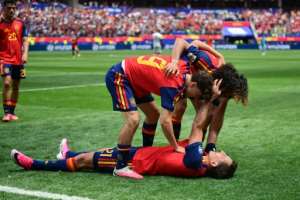 Spain forward Mikel Oyarzabal celebrates scoring his teams third goal in the 3-0 win over Austria.  By Frederic J. Brown (AFP)