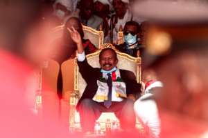 Sudans Prime Minister Abdalla Hamdok waves on October 8, 2020 during celebrations marking a peace deal with rebels -- but some factions did not join.  By Ebrahim HAMID (AFP)