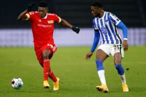 Taiwo Awoniyi (L) playing for Union against Hertha in a Berlin derby at the weekend.  By Odd ANDERSEN (POOL/AFP)