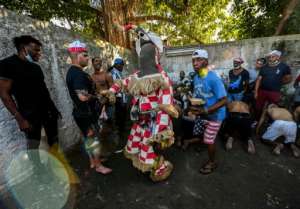 The Akabua Ireme -- little devil -- dances during the oath ceremony at the Efi Barondi Cama temple in Cuba.  By Yamil LAGE (AFP)