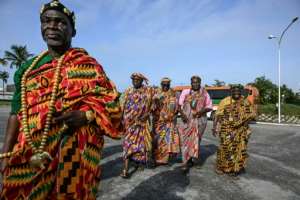 The Ebrie community welcomed back the wooden drum which was taken by French colonial authorities in 1916 and shipped to France.  By Issouf SANOGO (AFP)