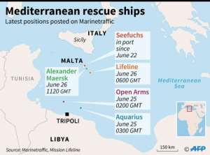 The latest positions of five commercial or humanitarian vessels that have rescued migrants in the Mediterranean Sea.  By William ICKES (AFP)
