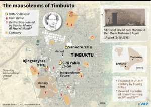 Map of Timbuktu, Mali, with details of mausoleums destroyed by Islamists, one of whom has been held liable by the International Criminal Court for 2.7 million euros in damages
