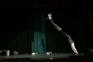 The nearly hour-long performance sees the acrobats interpret the impact of the conflict with their bodies.  By Issouf SANOGO (AFP)