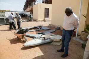 The remains of a drone during a display of weapons reportedly seized by the Sudanese army, which it says were supplied to the RSF by foreign countries.  By Ebrahim HAMID (AFP)