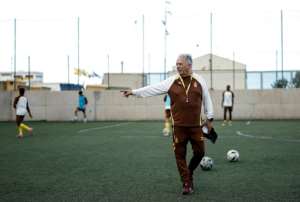 UD Las Palmas D team coach Juan Manuel Rodriguez trains migrant minors in Spains Canary Islands.  By OSCAR DEL POZO (AFP)