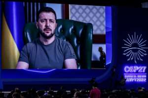 Ukrainian President Volodymyr Zelensky delivers a speech by video link to the COP27 climate conference, on November 8, 2022.  By AHMAD GHARABLI (AFP/File)