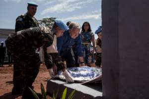 United Nations Secretary-General Antonio Guterres lays a wreath in tribute to the peacekeepers killed this year in Bangassou, Central African Republic