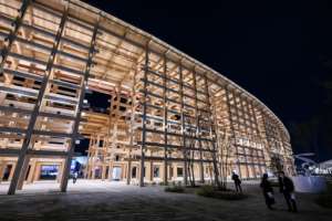 Visitors walk past the Grand Ring, made of wood, at the venue for the 2025 Osaka Expo.  By Richard A. Brooks (AFP)