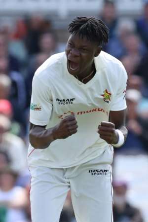 Zimbabwes Blessing Muzarabani celebrates dismissing Englands Harry Brook at Trent Bridge.  By Darren Staples (AFP)