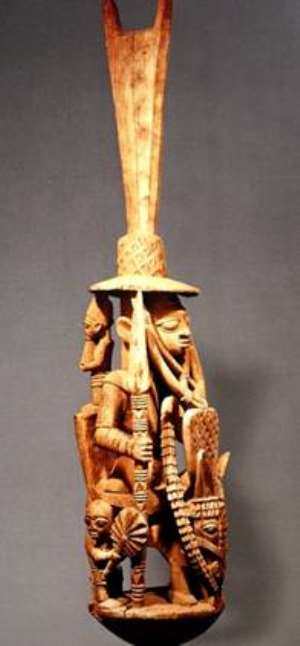 Veranda post, equestrian figure, carved by Areogun of Osi-Ilorin National Museum, Lagos, Nigeria.