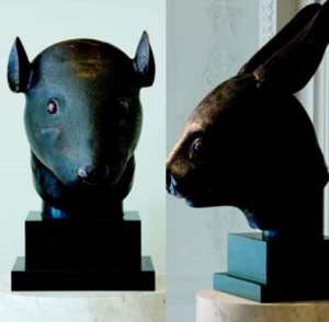 These sculptures of a rat head and a rabbit head were among the objects looted in 1860 when French and British soldiers under the command of Lord Elgin sacked the imperial palace. The eighth Lord Elgin was the son of the seventh Lord Elgin, who removed the Parthenon Marbles from Athens