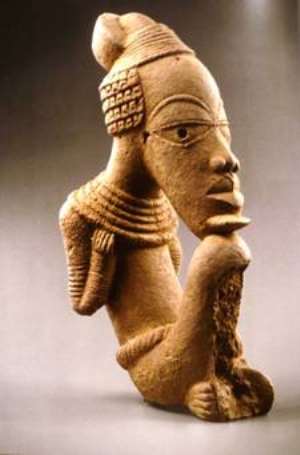 Figure of a seated male. One of the looted Nok terracotta bought by the French, now in the Muse du Quai Branly, Paris, France, with Nigerian post factum consent.