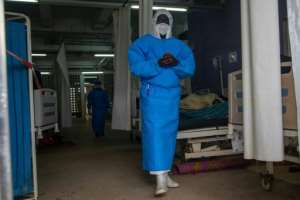 A Ugandan medical staffer in the Ebola war at Mubende Regional Referral Hospital. By BADRU KATUMBA AFP