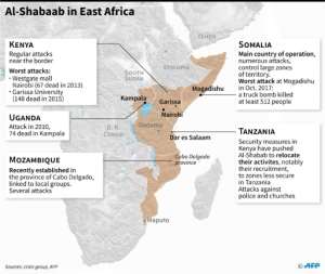 Countries where Al-Shabaab has been active since 2010. By Simon MALFATTO AFP