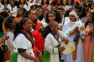 As part of the festivities, women wear skirts made of weaved Ashenda grass over white cotton dresses with colourful embroidery. By ASHRAF SHAZLY AFP