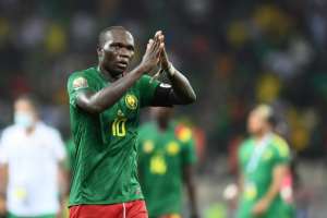 Cameroon captain Vincent Aboubakar celebrates an Africa Cup of Nations quarter-finals victory over Gambia in Douala on January 29, 2022.. By CHARLY TRIBALLEAU AFP