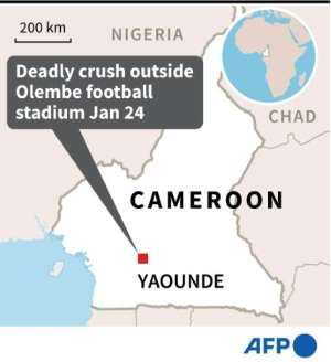 Map of Cameroon locating the capital Yaounde where a Monday crush outside a stadium hosting an Africa Cup of Nations game left at least half a dozen people dead.. By Valentina BRESCHI AFP
