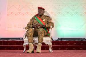 Coup leader Lieutenant-Colonel Paul-Henri Sandaogo Damiba, pictured at ceremonies in March where he was sworn in as transitional president. By OLYMPIA DE MAISMONT AFP