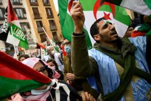Demonstrators in Madrid wave Western Sahara flags during a protest against the Spanish government's support for Morocco's autonomy plan for the territory, on March 26, 2022. By Pierre-Philippe MARCOU AFPFile
