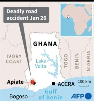 Map of Ghana, locating Apiate, some 300 km west of the capital Accra, where a truck carrying explosives collided with a motorcycle on Thursday, causing an immense explosion and a huge loss of lives, according to the Ghanaian president.. By Janis LATVELS AFP