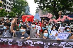 Images of young people in Myanmar flashing a three-finger salute spread quickly on Facebook. By STR AFPFile