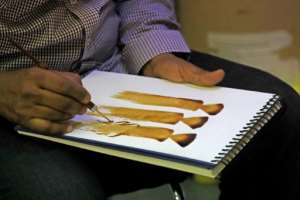 Many of his paintings feature colours derived from the fruits of the doum palm tree, and ground fruit from the bulbous baobab tree. By ASHRAF SHAZLY AFP
