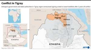 Map locating Tigray region and neighbouring Afar and Amhara in Ethiopia. By Sophie STUBER AFP