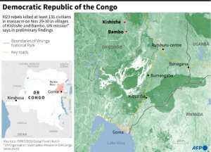 Map showing the location of Kishishe and Bambo in eastern Democratic Republic of the Congo, where at least 131 people were killed in a massacre by M23 rebels on November 29-30, according to preliminary findings by a UN mission. By Valentin RAKOVSKY AFP