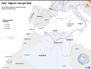 Map showing the gas pipelines linking Algeria and Italy which have signed a new gas deal to reduce Italy's heavy reliance on Russian gas. By Patricio ARANA AFP