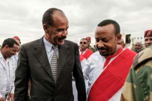 Partners in peace: Eritrean President Isaias Afwerki, left, arrives in Ethiopia on November 9 2018, welcomed by Prime Minister Abiy Ahmed. By EDUARDO SOTERAS AFPFile